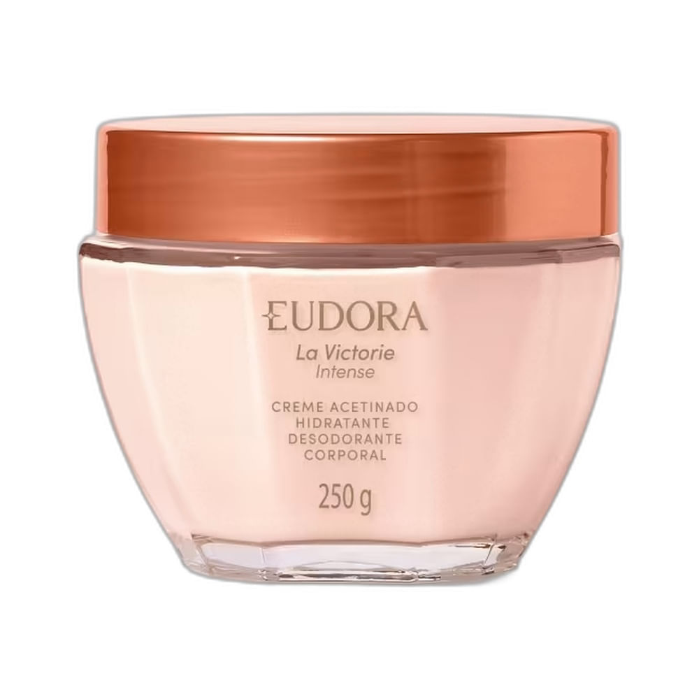 Frasco de creme hidratante da Eudora com tampa rosê e rótulo do produto